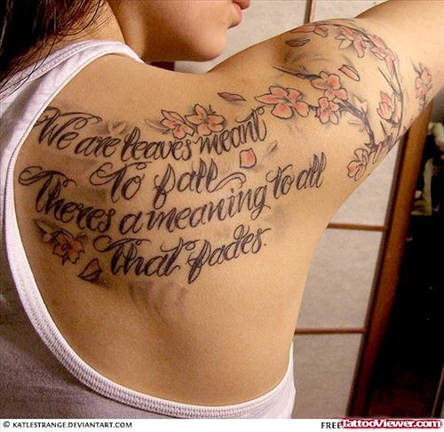 Cherry Blossom Flowers And Lettering Feminine Tattoo On Back Shoulder