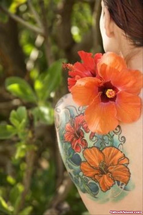 Colored Flowers Feminine Tattoo On Back Shoulder
