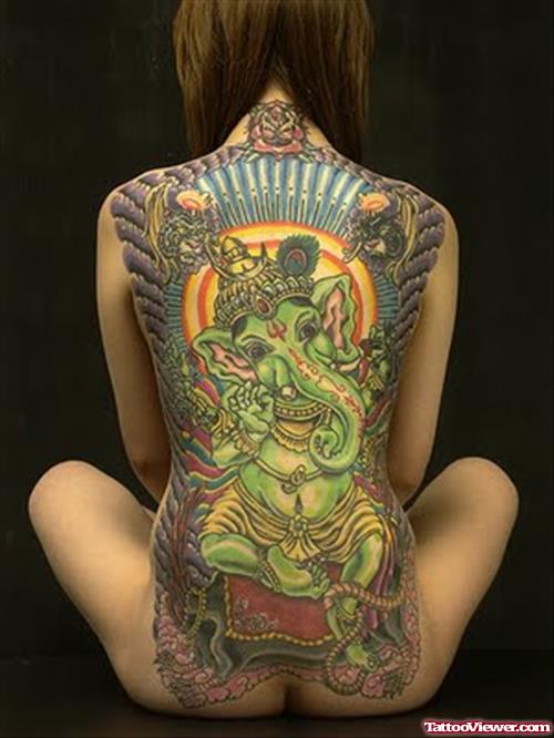 Colored Feminine Lord Ganesha Tattoo On Back
