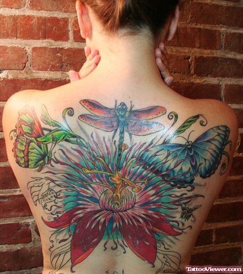 Colored Dragonfly And Butterfly Feminine Tattoo On Back