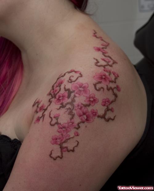 Cherry Blossom Flowers Feminine Tattoo On Left Shoulder