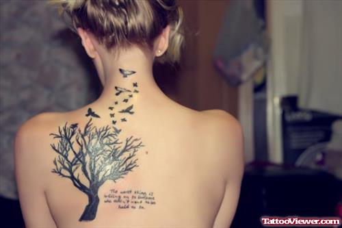 Black Ink Tree And Flying Birds Feminine Tattoo On Back