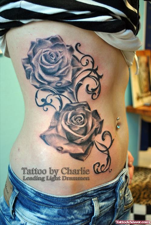 Awesome Grey Ink Rose Flowers Feminine Tattoo On Side Rib