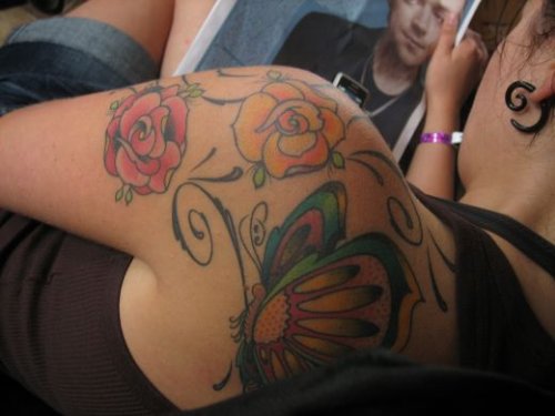 Feminine Flowers And Butterfly Tattoo On Back Shoulder