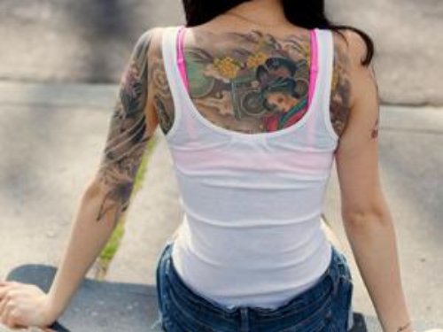 Feminine Tattoo On Half Sleeve And Upperback