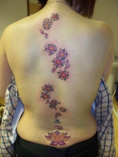 Beautiful Cherry Blossom Flowers Feminine Tattoo On Back