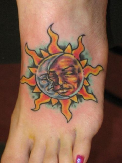 Feminine Sun Tattoo On Girl Left Foot