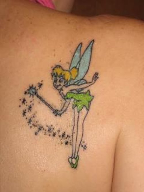Colored Ink Fairy Feminine Tattoo On Back Shoulder