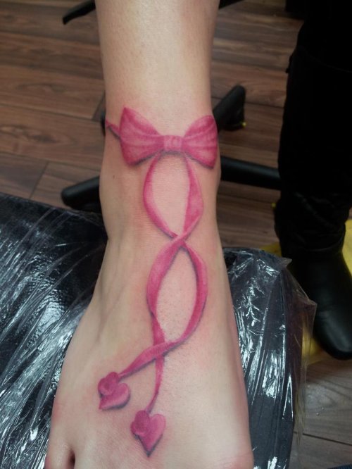 Pink Bow Feminine Tattoo On Ankle