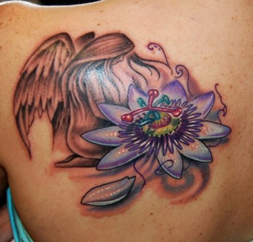 Flower And Angel Feminine Tattoo On Back Shoulder