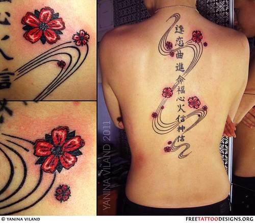 Chinese Symbols And Flowers Feminine Tattoo On Back