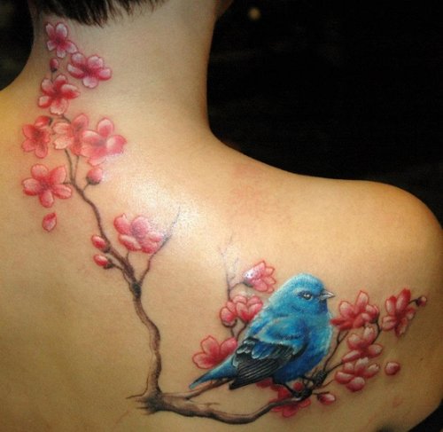 Blue Bird Sitting On Cherry Blossom Flowers Tree Feminine Tattoo