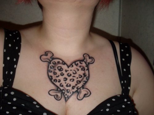 Grey Ink Leopard Print Heart Feminine Tattoo On Chest