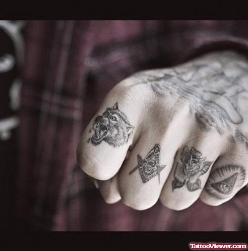Masonic Wolf HEad And Geometric Finger Tattoos