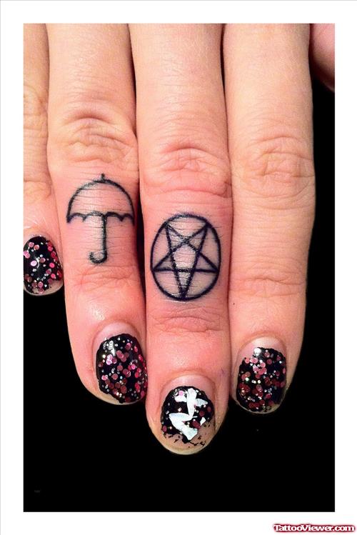 Tiny Umbrella And Pentagram Finger Tattoo