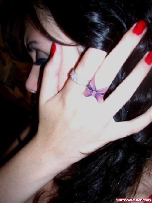 Pink Bow Finger Tattoo For Girls