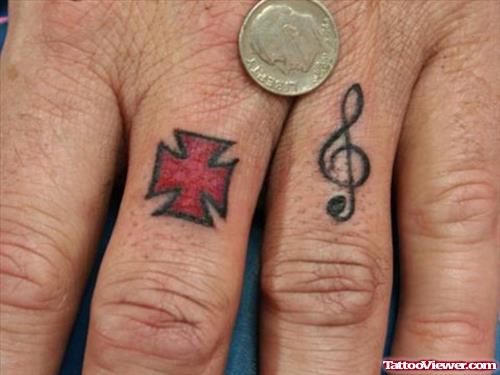 Red Ink Cross And Violen Key Finger Tattoos