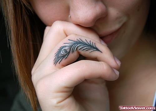 Peacock Feather Finger Tattoo For Girls
