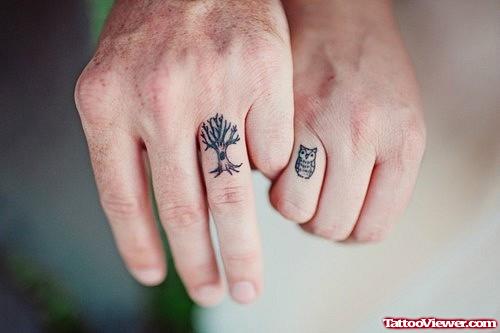 Grey Ink Tree And Owl Finger Tattoos