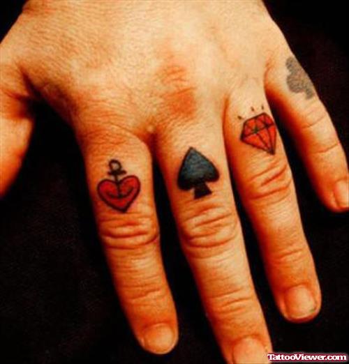 Heart Ace And Diamond Finger Tattoos