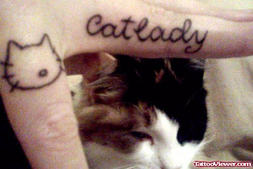 Cat Lady And Kitty Head Tattoos On Fingers