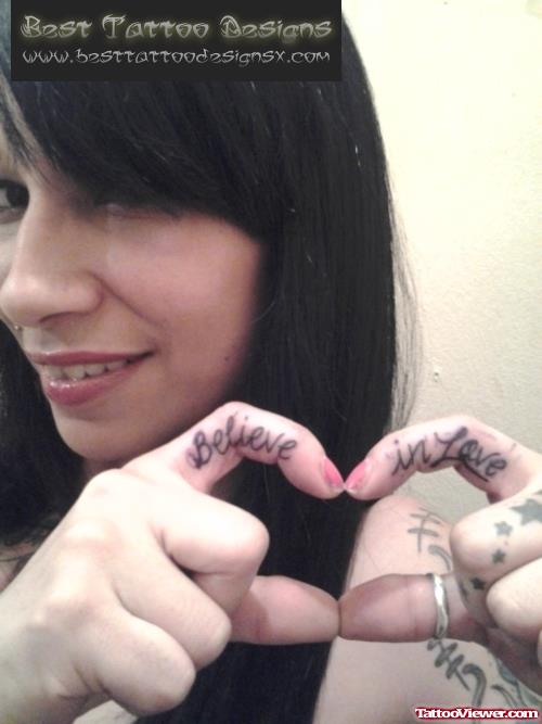 Awesome Believe In Love Finger Tattoo For Girls