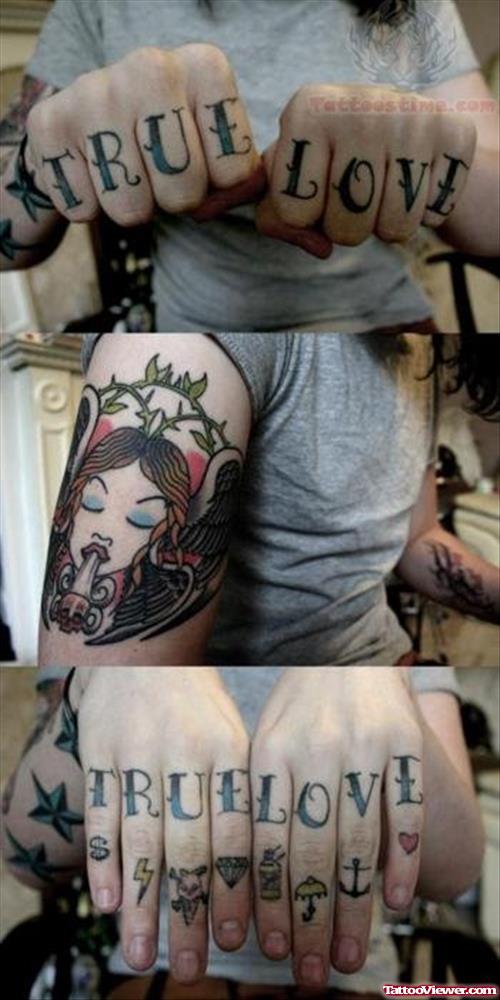 True Love Wording Tattoo On Fingers