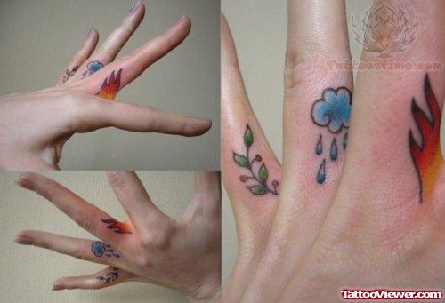 Raining Clouds And Flame Tattoo On Fingers