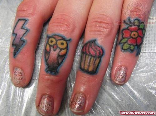 Owl And Flower Tattoo On Fingers