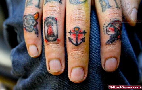 Lock And Anchor Tattoos On Fingers