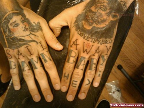 Damn Baby Tattoo On Fingers