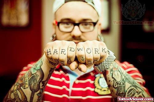 Hard Work Tattoo on Fingers