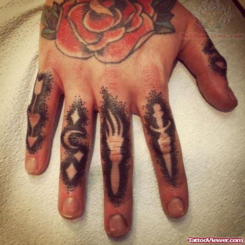 Dagger , Moon & Poker Tattoo On Fingers