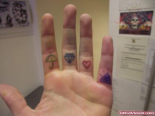 Diamond and Heart Tattoos On Fingers