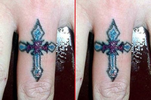 Blue Ink Cross Finger Tattoos