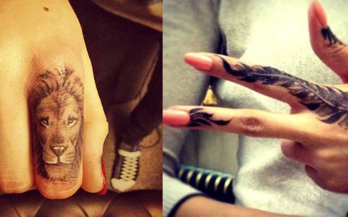 Feather And Lion Head Finger Tattoo