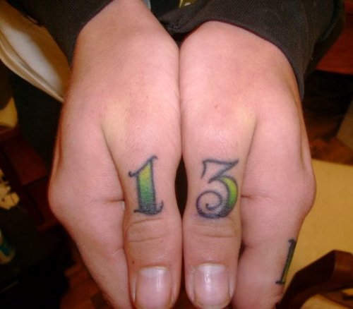 Green Ink Number 13 Finger Tattoos