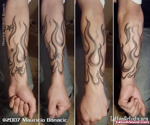 Grey Ink Nautical Star And Fire And Flame Tattoo
