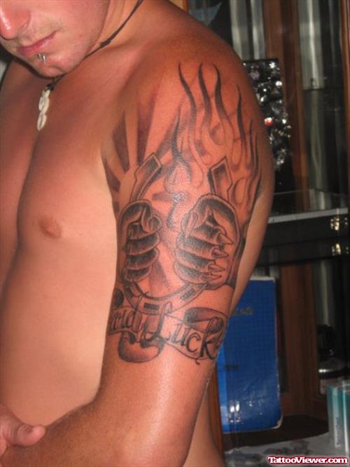 Grey Ink Fire n Flame Tattoo On Left Half Sleeve
