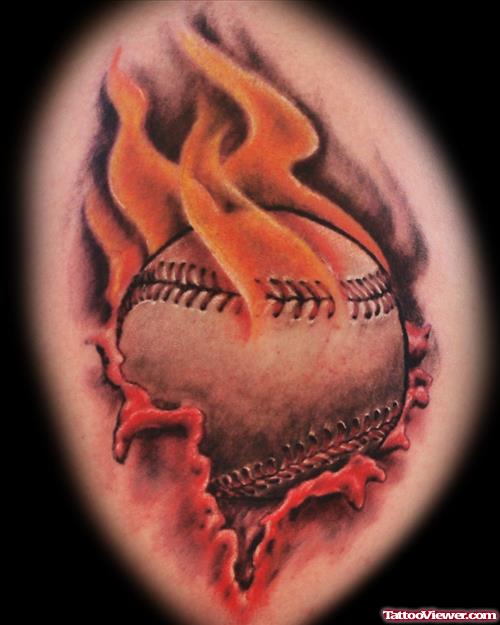 Flaming Baseball Ripped Skin Tattoo