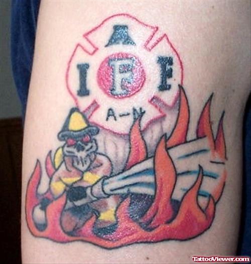 Firefighter In Flames Tattoo On Bicep