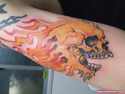 Fire Flame Skull Tattoo On Forearm
