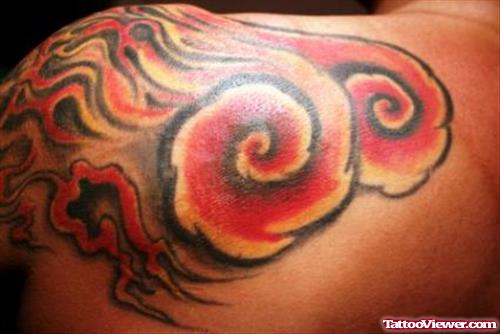 Colored Fire and Flame Tattoo On Shoulder
