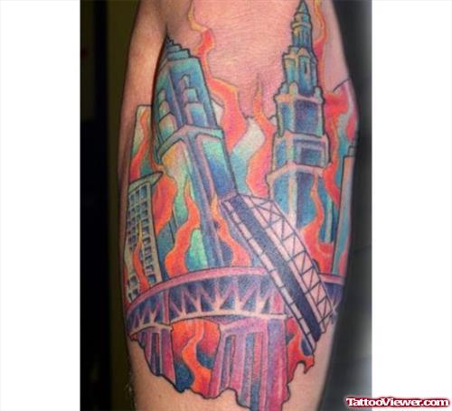 Awesome Colored Fire And Flame Tattoo On Elbow