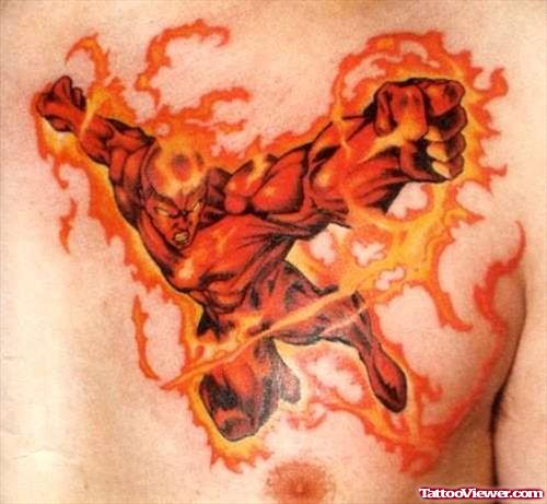Amazing Fire And Flame Tattoo On Man Chest