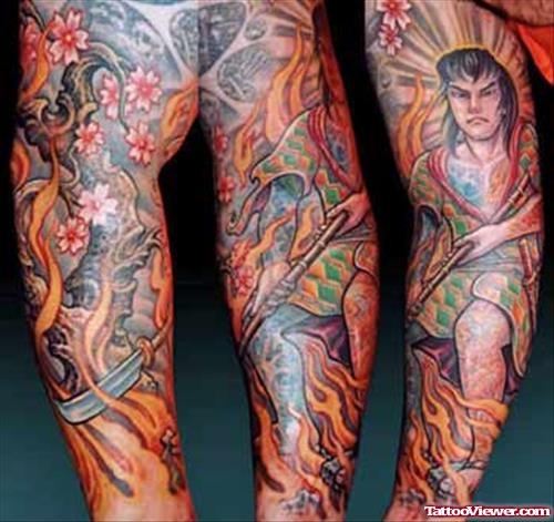 Warrior Blossom Fire n Flame Tattoo On Sleeve