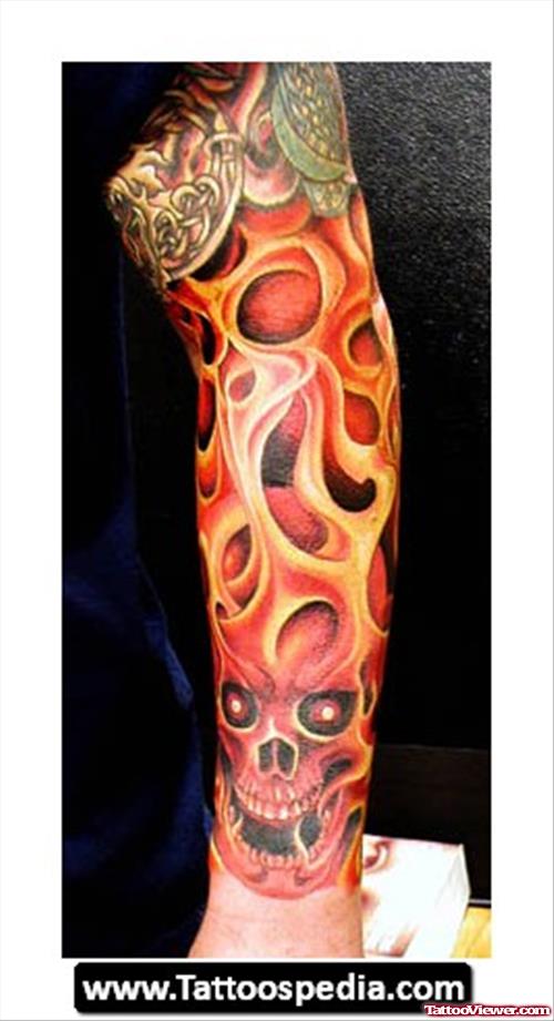 Skull And Fire And Flame Tattoo On Sleeve