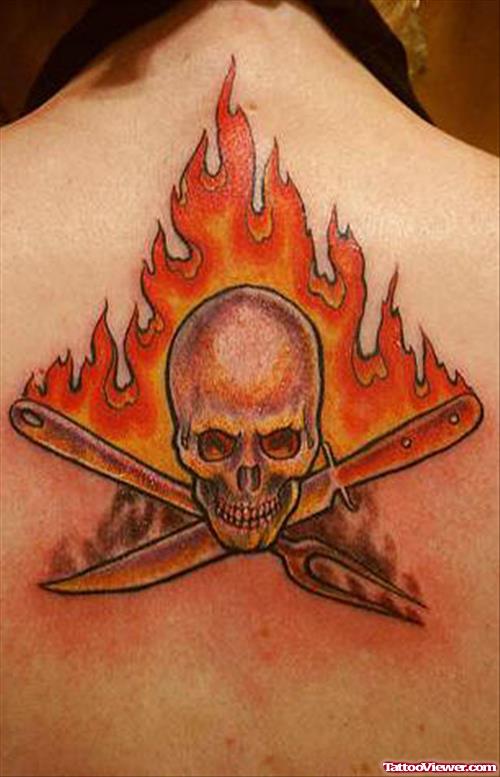 Flaming Skull Tattoo On Upperback