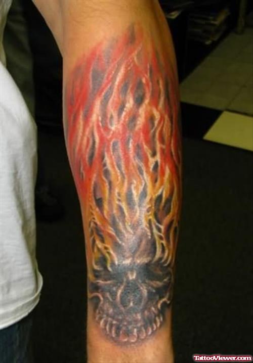 Fire and Flame Skull Tattoo On Sleeve