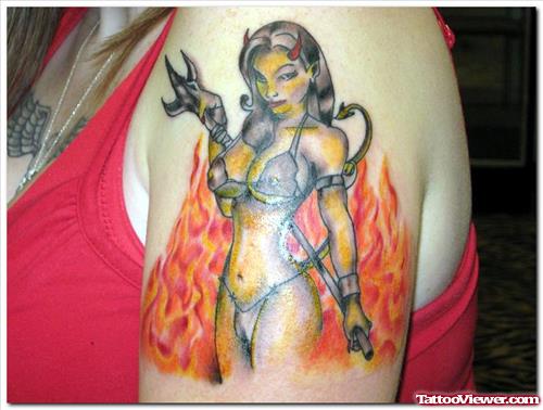 Pin Up Girl In Fire n Flame Tattoo On Left Shoulder
